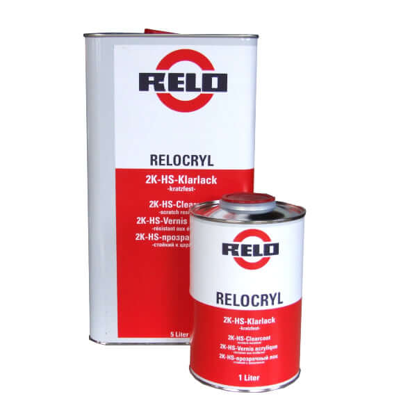 Relo Scratch Resistant Clearcoat 1lt packaging showing Relocryl 2K-HS acrylic clearcoat for paint protection.