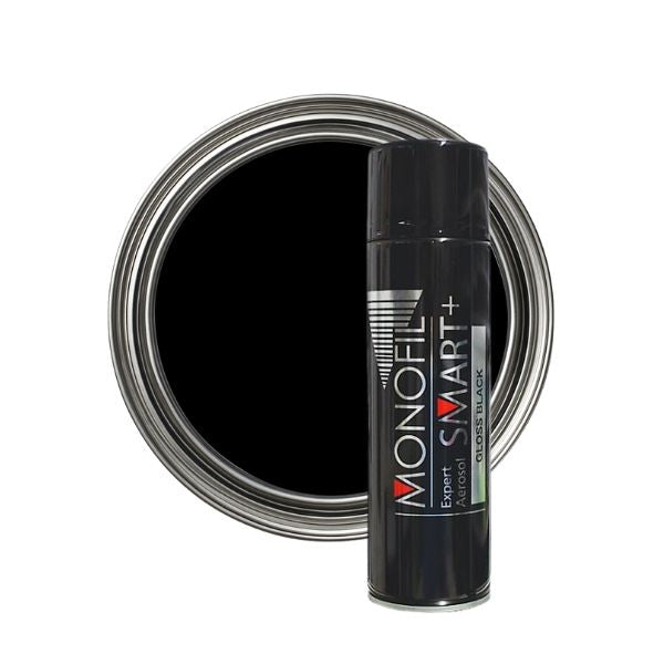 Black paint can and spray can with MONOFIL branding on a white background