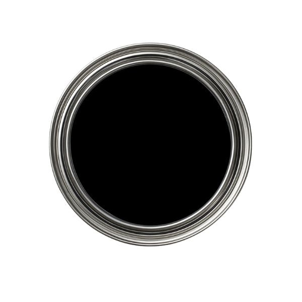 Black paint can with silver lid on a white background