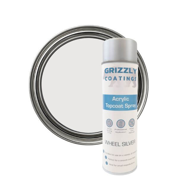 Grizzly Coatings Acrylic Topcoat Spray Paint (500ml) in Wheel Silver for automotive refinishing.