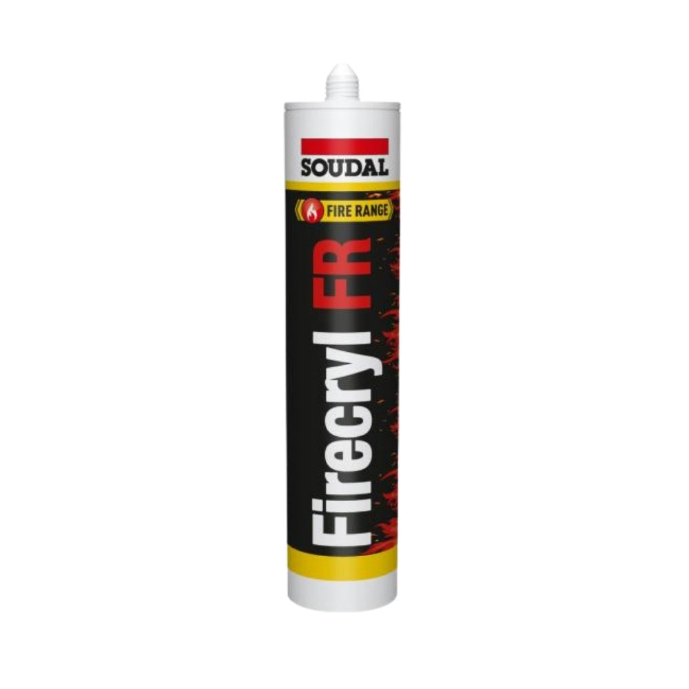 Soudal Firecryl FR Intumescent Fire & Smoke Rated Sealant (310ml) packaging view for enhanced fire safety.