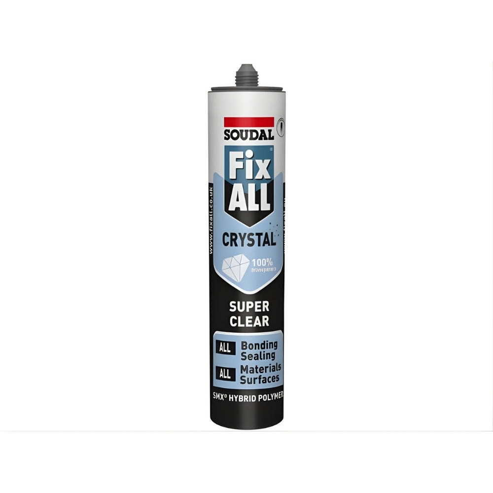 Soudal Fix ALL Crystal (290ml) Clear Adhesive Sealant tube showing super clear bonding and sealing capabilities.