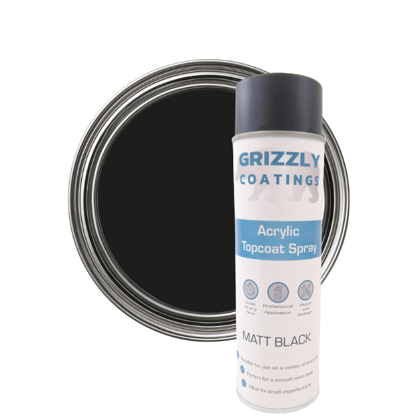 Grizzly Coatings Acrylic Topcoat Spray Paint (500ml) with Matt Black Finish for automotive and industrial use.