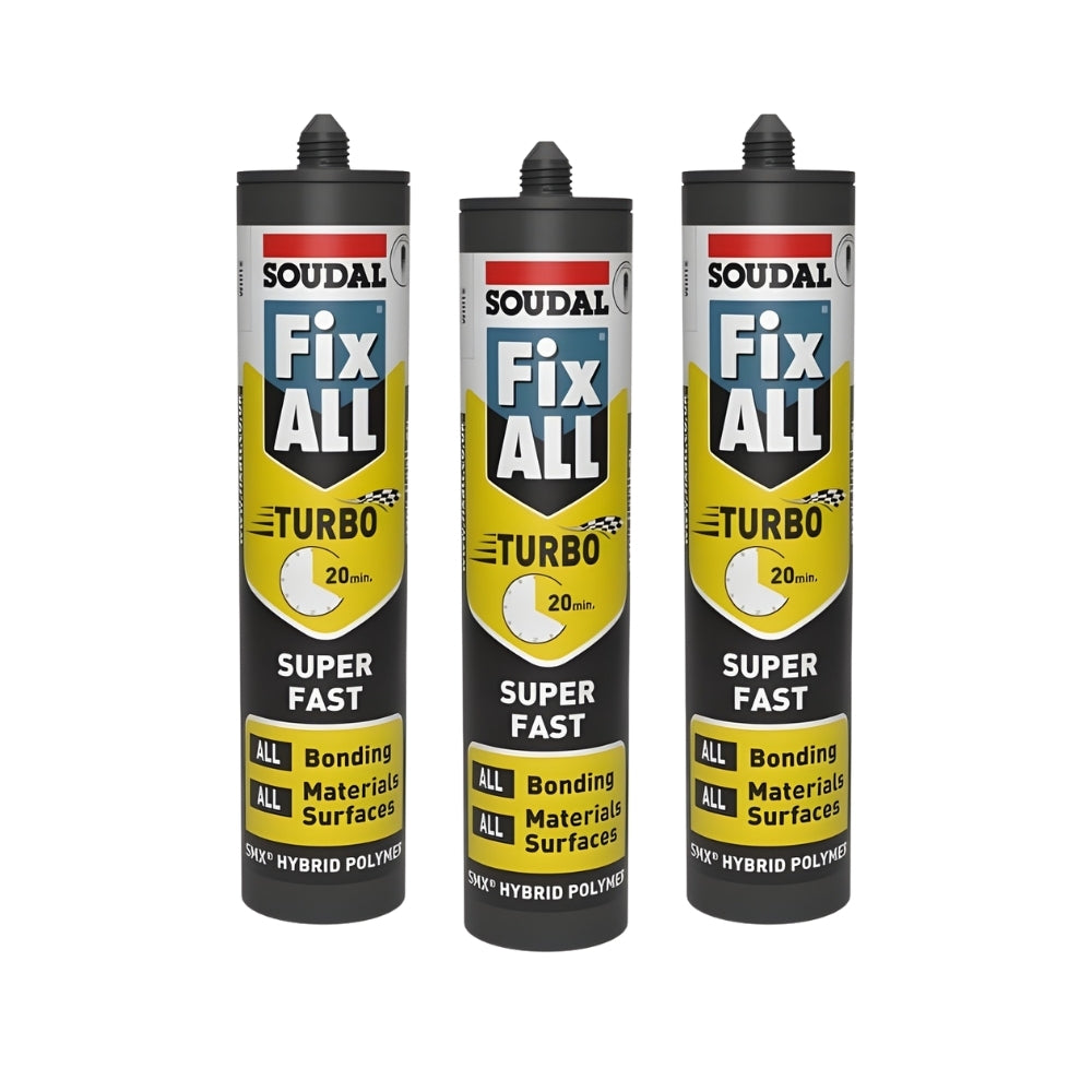 SOUDAL Fix ALL Turbo (290ml) Super Fast Adhesive Sealant tubes for quick bonding and sealing.