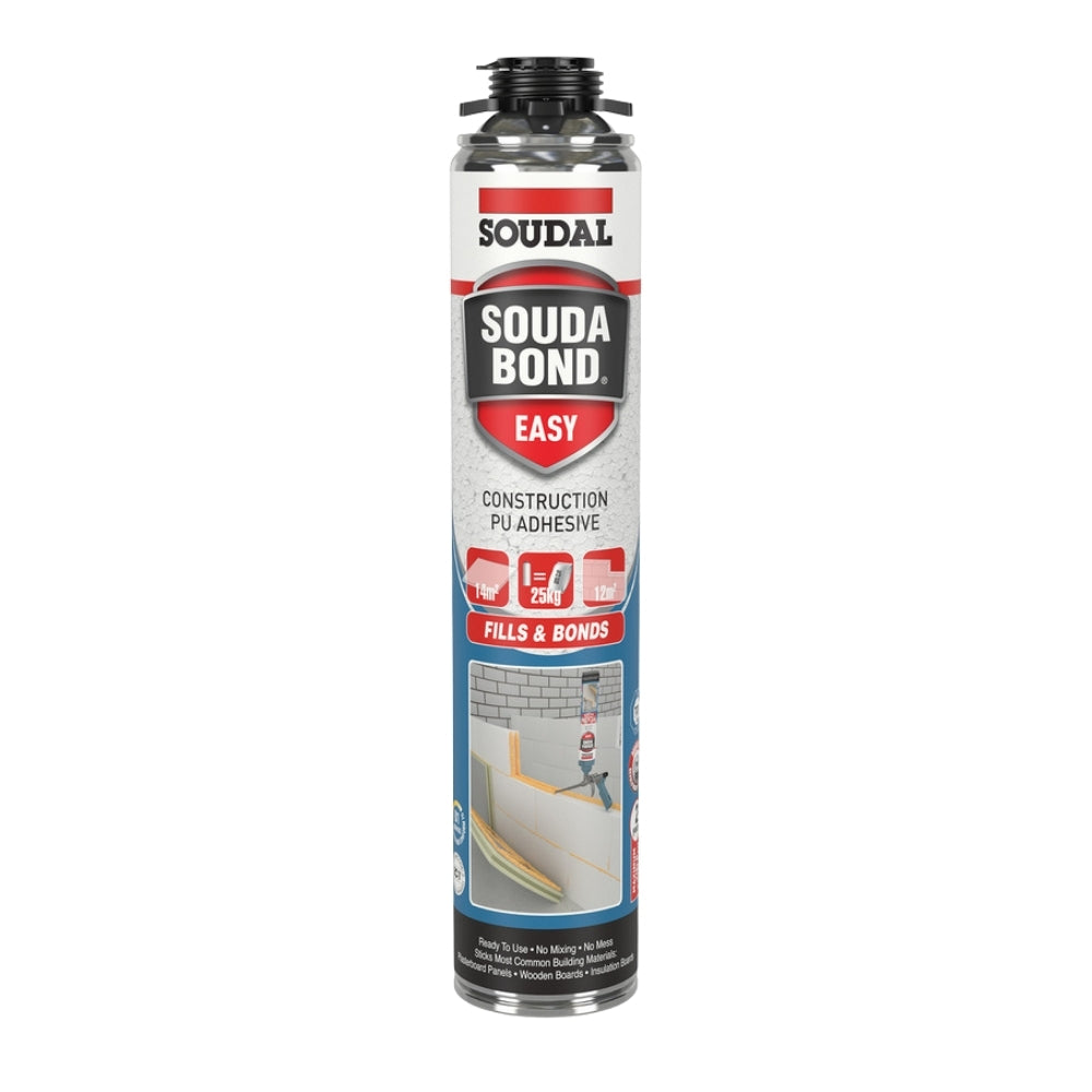 Soudal Soudabond Easy 1K Gun PU Adhesive (750ml) product packaging with clear labeling and application graphics.