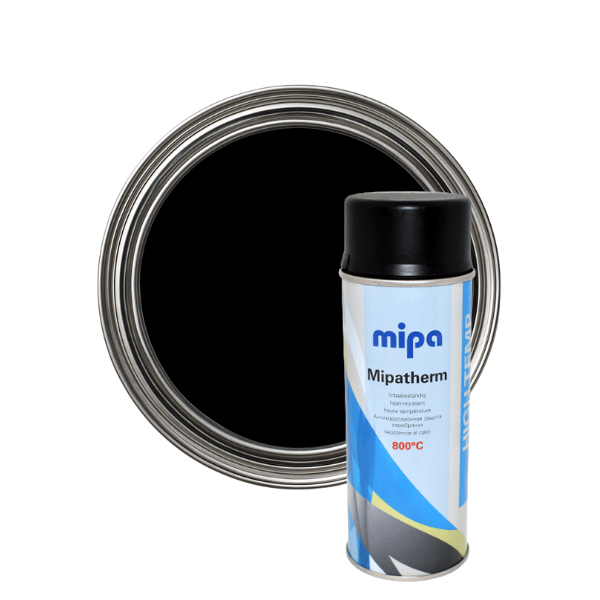 Mipatherm Heat-Resistant Spray Paint (400ML) canister next to a circular black paint swatch.