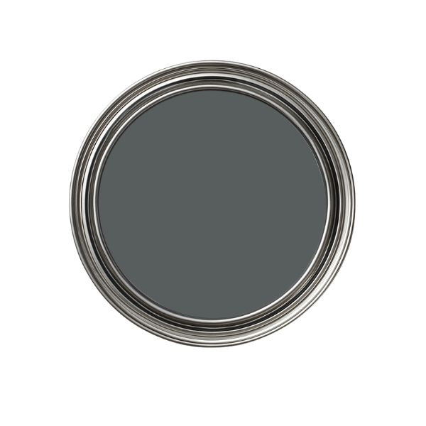 Gray paint swatch in a metal can on a white background