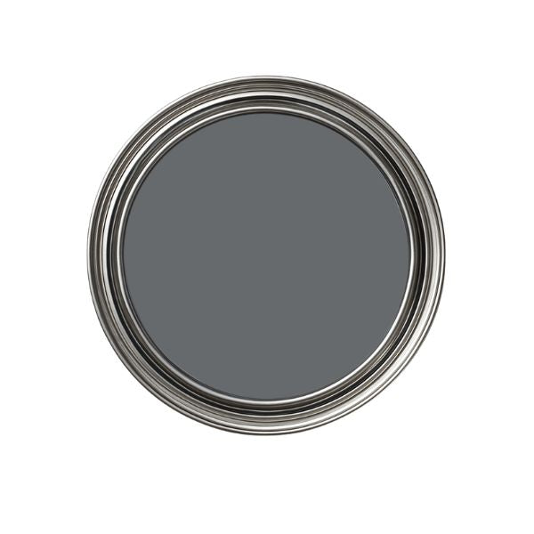 Gray paint swatch in a metal can on a white background