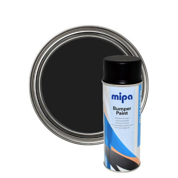 Mipa Plastic Lacquer Spray (400ML) with black bumper paint can and paint container, highlighting automotive paint solutions.