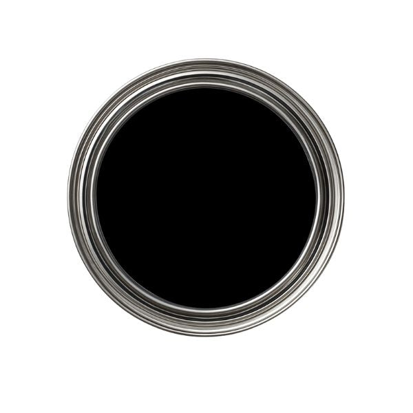 Black paint can with a silver lid on a white background