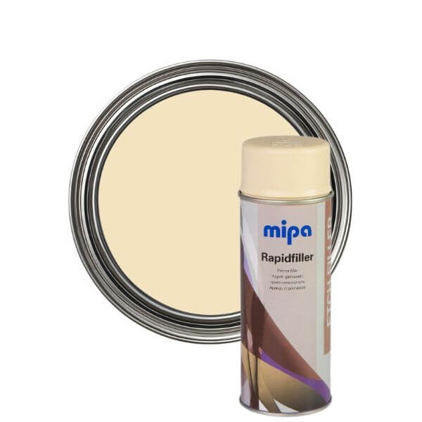 Mipa Rapid Filler Etch Primer Spray (400ML) can and paint circle, professional-grade primer-filler for repairs.