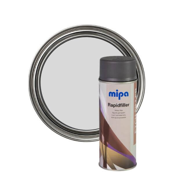 Mipa Rapid Filler Etch Primer Spray (400ML) with a paint can background for professional-quality repairs.