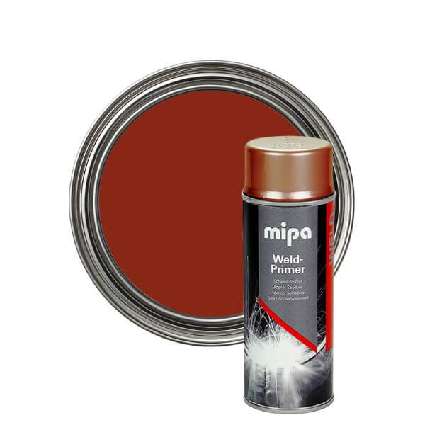 Mipa Weld-Primer Spray (400 ml) can with a red paint swatch background for welding applications.