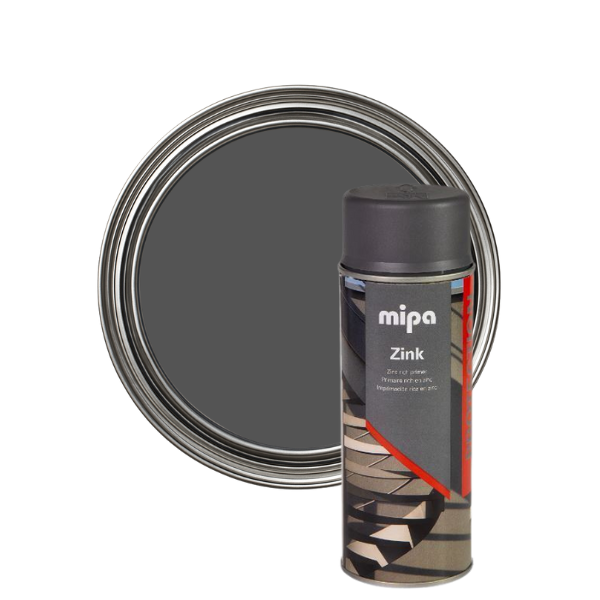 Mipa Zink paint can with a grey paint sample on a white background