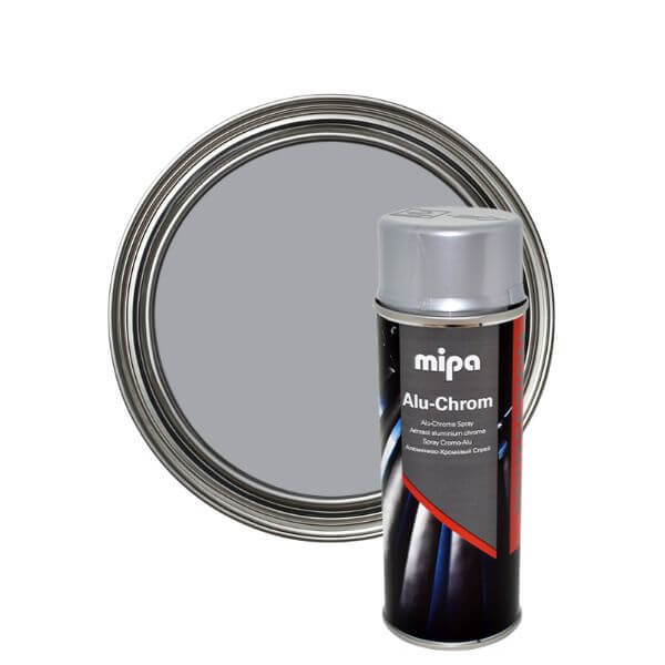 Mipa Alu Chrome Spray (400ML) can with metallic finish and reflective surface in the background.