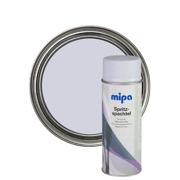 Mipa Spray Putty Grey (400ML) aerosol can next to round mirror for surface smoothing and scratch repair.