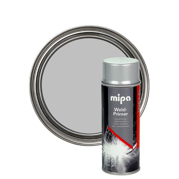 Mipa Weld Primer can next to a gray paint sample on a white background