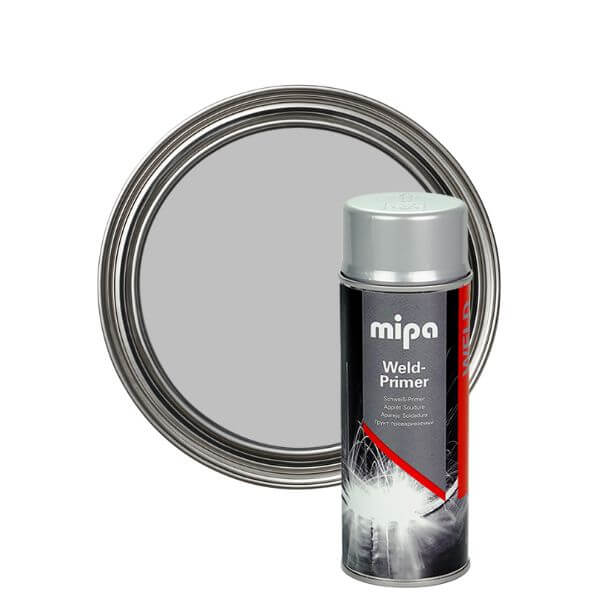 Mipa Weld-Primer Spray (400 ml) can for welding primer with a glossy silver cap and reflective background.