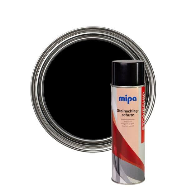 Mipa Stonechip Black Aerosol (500ML) spray can next to a black circular coating sample.