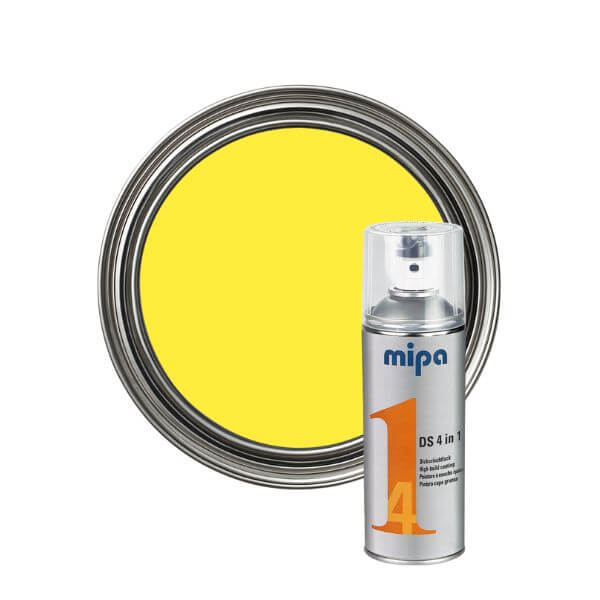 Mipa 4 in 1 DS Spray DB9147 Yellow (400ml) can with yellow paint color sample in a circular metallic container.