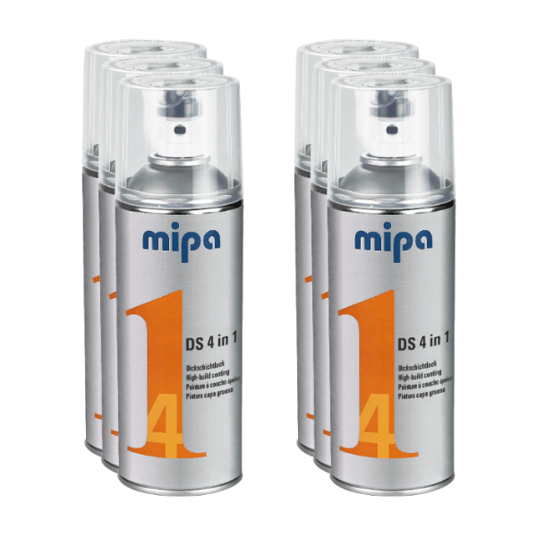 Mipa 4 in 1 DS Spray Paint (400ml) cans arranged for showcasing high-build acrylic paint functionality.
