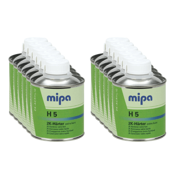 Mipa 2K H5 Rapid Hardener cans arranged in rows for professional-grade coating applications.