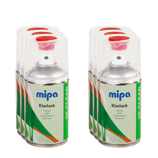 Mipa 2K Clearcoat Spray Set Including Hardener - professional-grade clearcoat cans in a row
