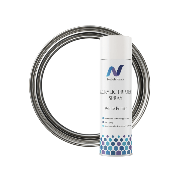 Nebula Paints Acrylic Primer Spray (500ml) bottle with metal rim, ideal for efficient refinishing on various surfaces.