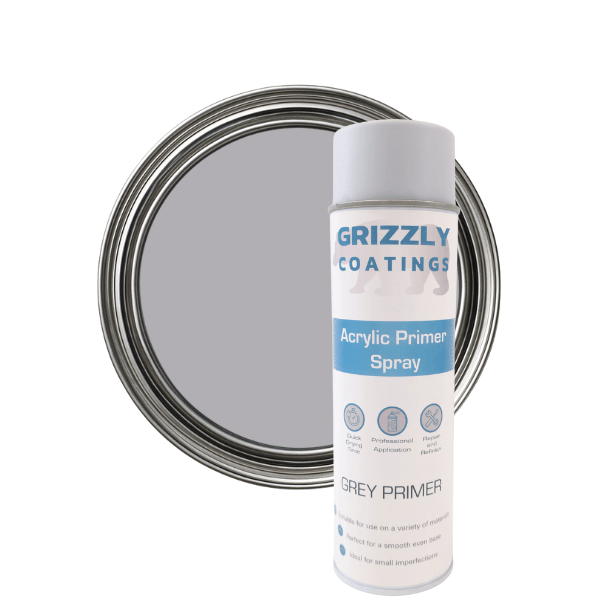 Grizzly Coatings Acrylic Primer (500ml) spray can with grey primer in background for vehicle refinishing.