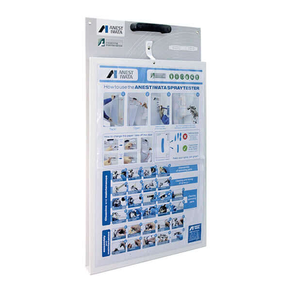 ANEST IWATA Magnetic Spray Gun Tester (Complete Set) usage guide showcasing spray pattern testing instructions.