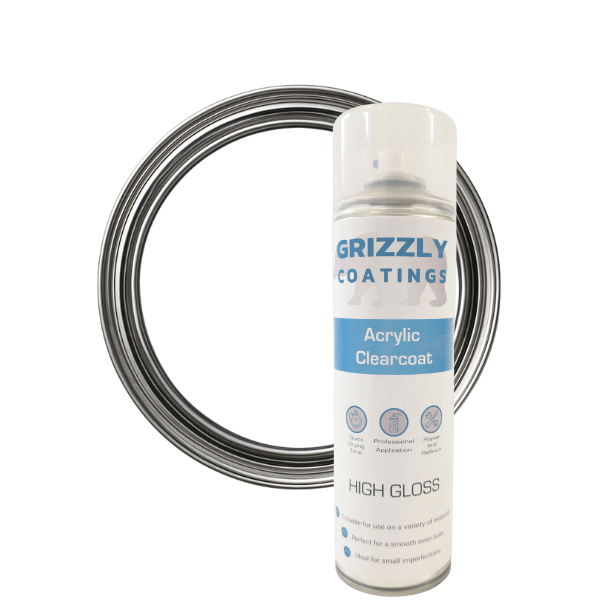 Grizzly Coatings Clear Acrylic Lacquer (500ml) in high gloss spray can with wire background