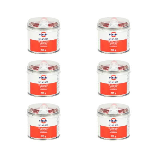 Relo High Build Bodyfiller 250g pots arranged in a grid showcasing the professional-grade filler product.
