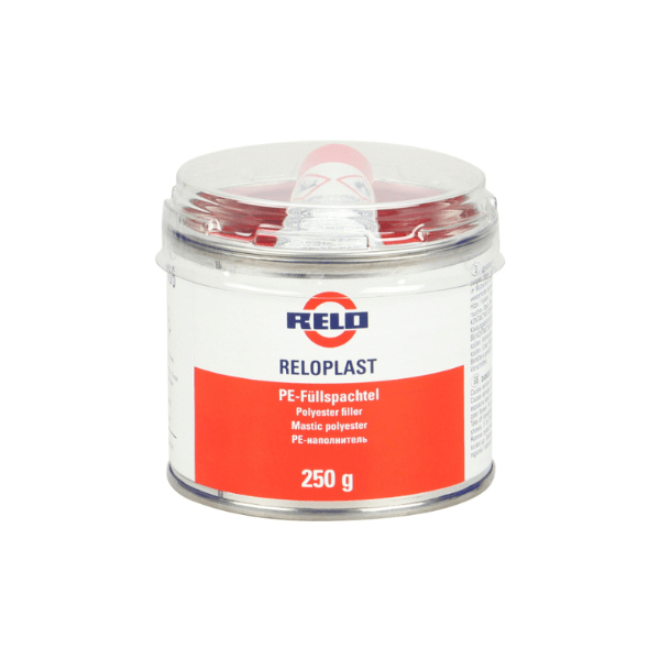 Relo High Build Bodyfiller 250g in a clear container with red and white labeling for professional use.