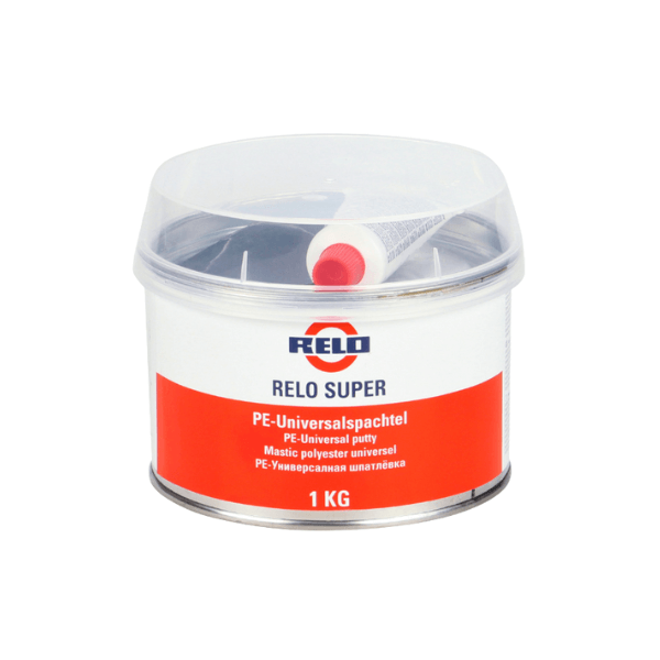Relo Multi Filler & Finisher 1kg in a tub showcasing its high-quality, versatile polyester body filler for repairs.