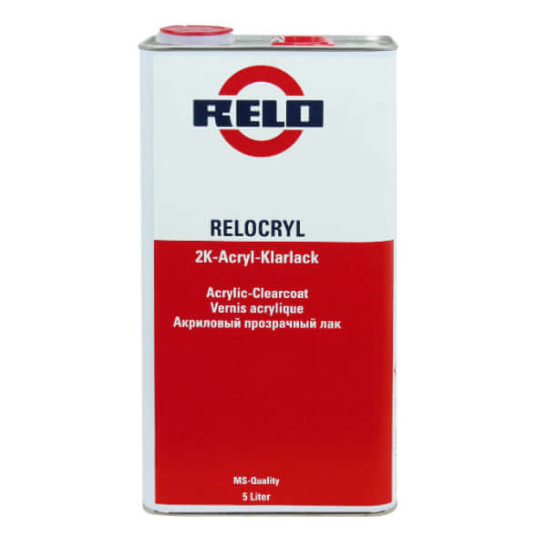 Relo MS Clear Lacquer 5lt canister showcasing high-quality acrylic clearcoat for automotive repairs.