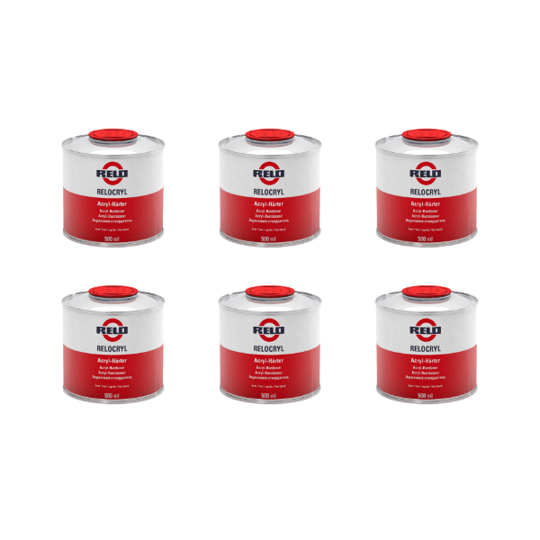 Relo Ex Fast Hardener 1lt - six cans of fast-acting hardener for efficient automotive repairs.