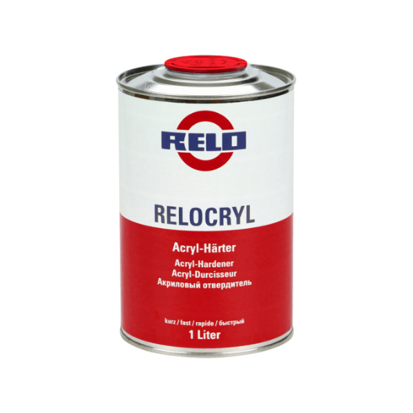 Relo Ex Fast Hardener 1lt can, showcasing fast-curing acryl-hardener for efficient paint repairs.