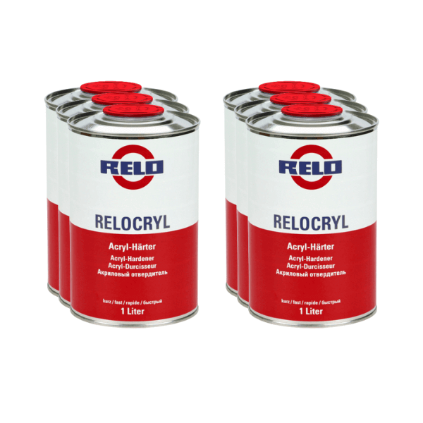 Relo MS Fast Hardener 1lt cans displayed in a pack, ideal for quick-curing Medium Solids paints.