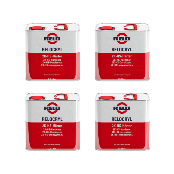 Relo HS Fast Hardener 2.5lt containers for high-performance curing of 2K paints and clearcoats.