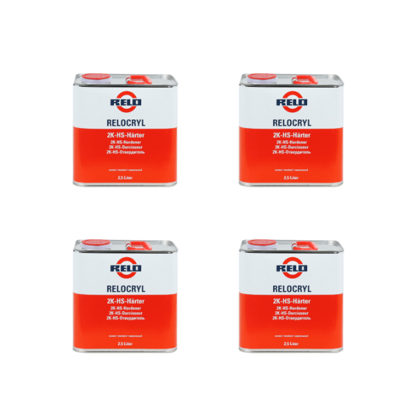 Relo HS Std Hardener 2.5lt product image showcasing four cans of Relo HS Standard Hardener in a clear layout.