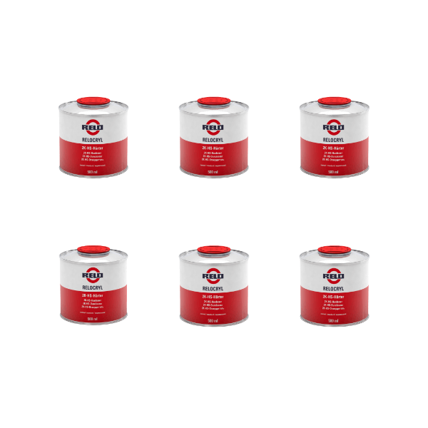 Relo HS Std Hardener 500ml bottles displayed in a group for effective 2K High Solids clearcoat applications.