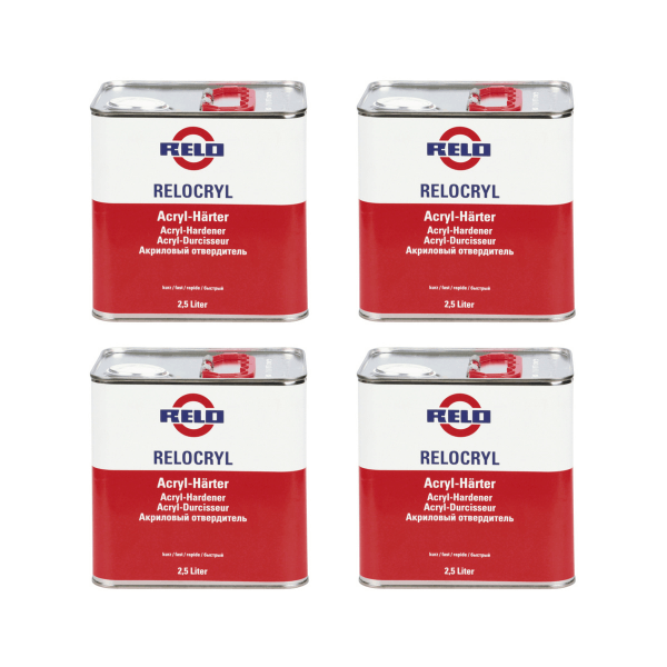 Relo MS Fast Hardener 2.5lt cans displayed in a group, ideal for accelerating 2K paints curing process.