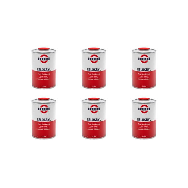 Relo Acrylic Thinner 1lt cans displayed in a group of six, showcasing high-quality automotive paint thinner.