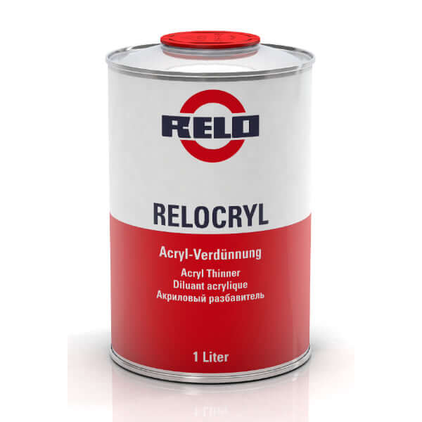 Relo Acrylic Thinner 1lt canister for thinning solvent-based automotive paints.