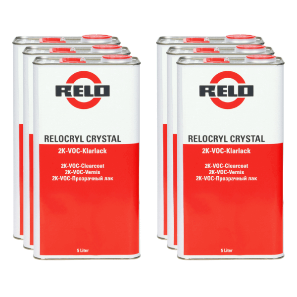 Relo Crystal Clear Lacquer 5lt (VOC) containers showcasing premium clearcoat for high-gloss finishes.