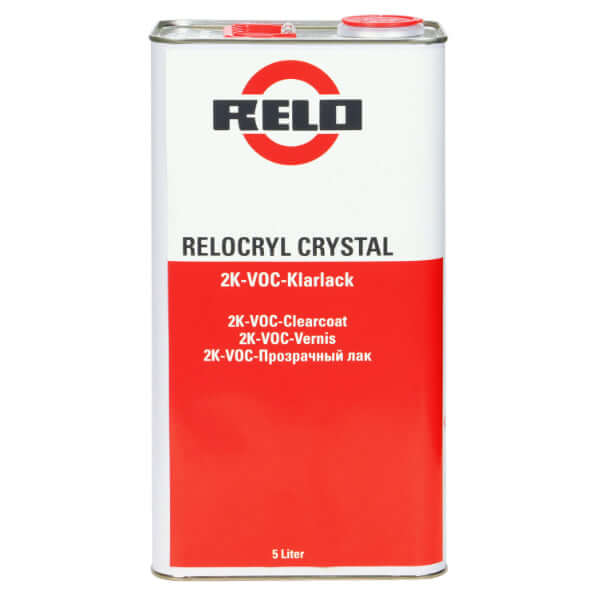 Relo Crystal Clear Lacquer 5lt (VOC) premium 2K clearcoat with high-gloss finish in a 5-litre container.