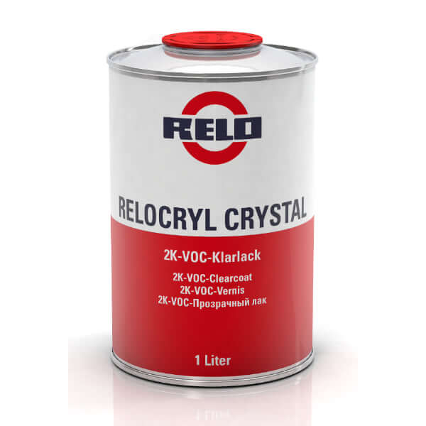 Relo Crystal Clear Lacquer 1lt (VOC) canister showcasing high-gloss 2K clearcoat for durable finishes.
