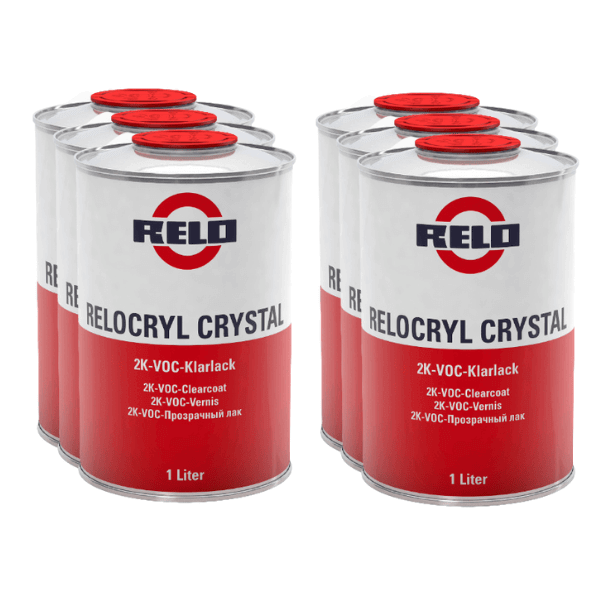 Relo Crystal Clear Lacquer 1lt (VOC) cans showcasing premium 2K clearcoat for high-gloss finishes.