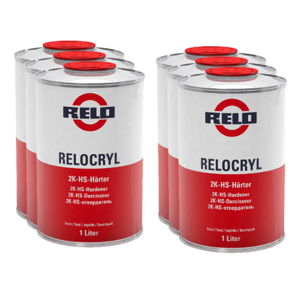 Relo 2K HS Fast Hardener (1lt) cans in a group, showcasing high-performance activator for paint and clearcoat systems.