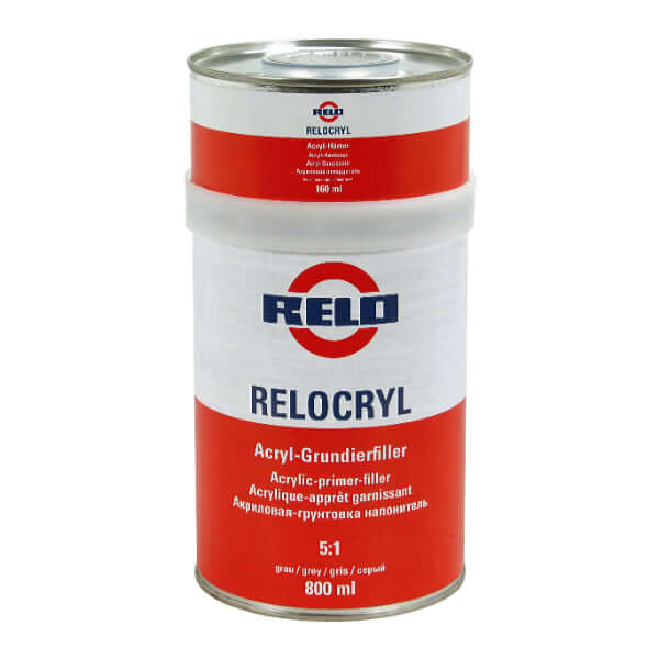 Relo Grundierfiller Grey 960ml Incl. Hardener in a can, high adhesion acrylic primer filler for car refinishing.